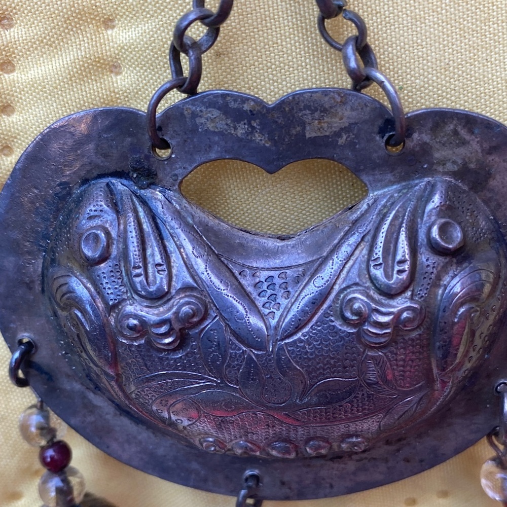 Antique Silver Pendant Necklace with Beaded Accents 30” - Picture 6 of 8